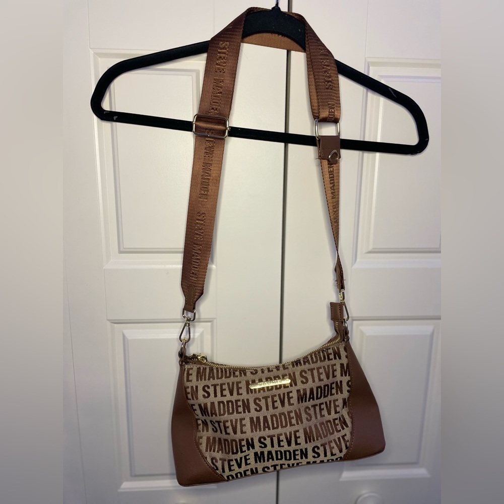 Steve Madden Tan and Cream Logo Crossbody Bag